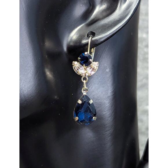 Blue Rhinestone Earrings, Silver-tone, Clear stones, Lever Back - Picture 2 of 3